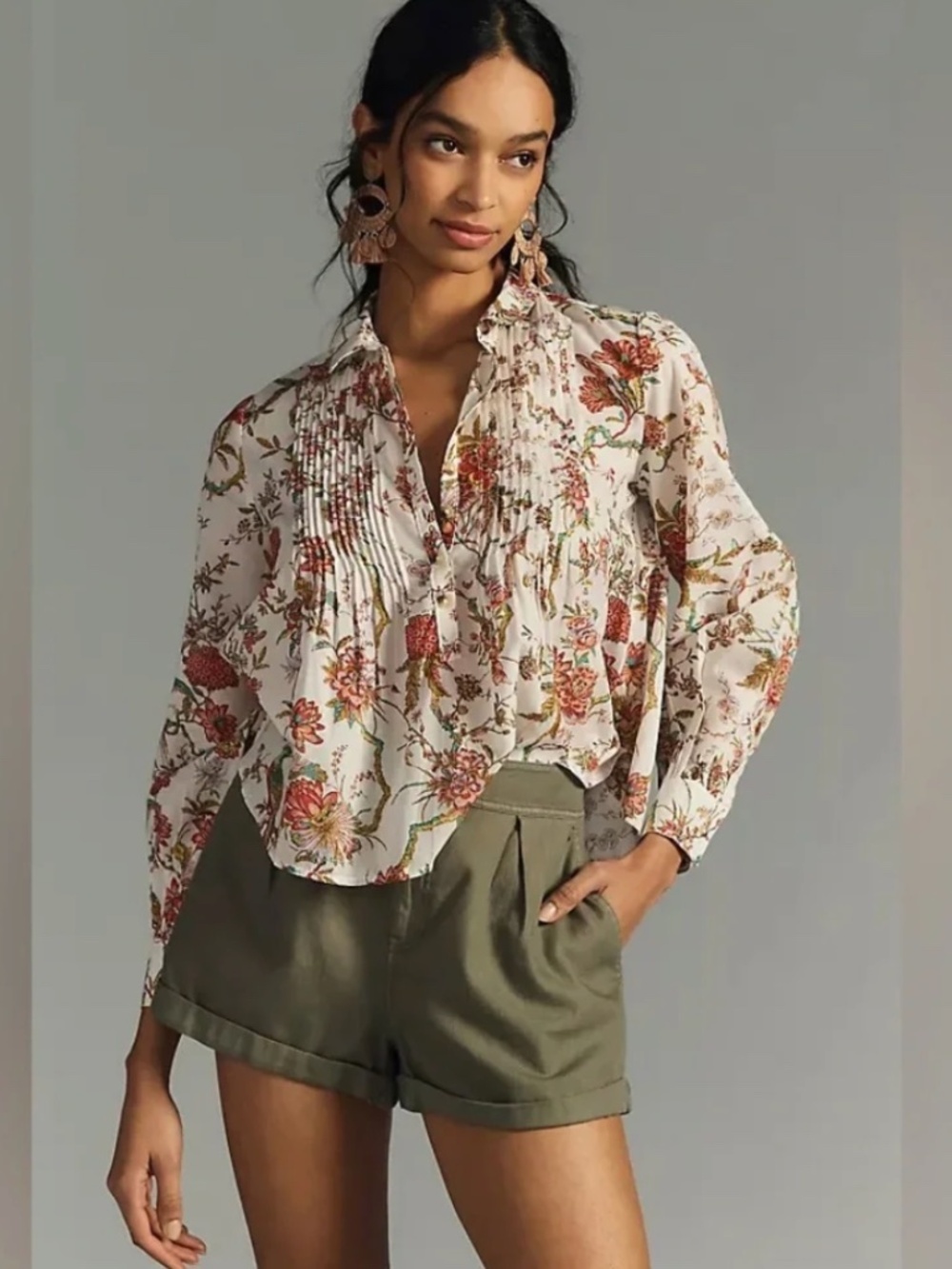 Pilcro by Anthropologie Neutral Floral Pintuck Boho Button-Down Blouse Size MP